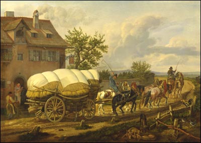 Een hessenwagen met een zesspan paarden ervoor bij een herberg in Buch bij Neurenberg , Schilderij van Johann Adam Klein (1792-1875) - Eigendom: ©JGS/Verzameling Stadsmuseum Neurenberg.verzameling Stadsmuseum Neurenberg.