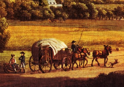 De Hessenwagen met een driespan, de hond loopt voorop - Schilderij van Anton Balzer