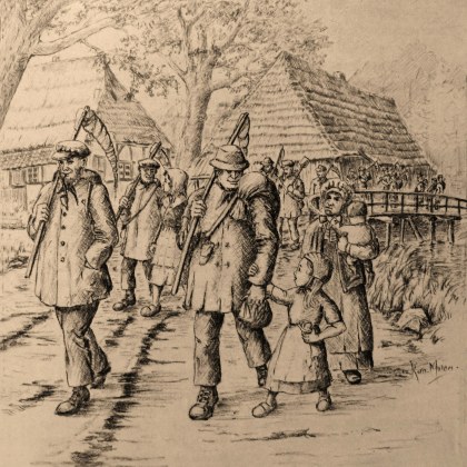 Hannekemaaiers vertrekken uit hun dorp Tekening: Korn Mulder - 1983
