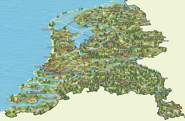 Op deze kaart is duidelijk te zien dat Nederland bijna helemaal uit rivierdelta bestaat