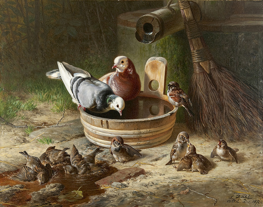 13749 - kopieOlieverfschilderij hangt met duiven van Hans Dahl, geschilderd in 1872.