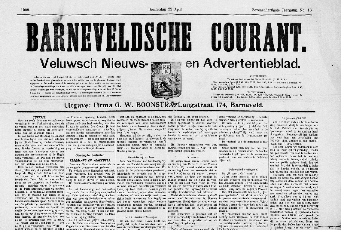 Barneveldsche Courant van Donderdag 22 april 1909 - Foto: ©Archief Ede