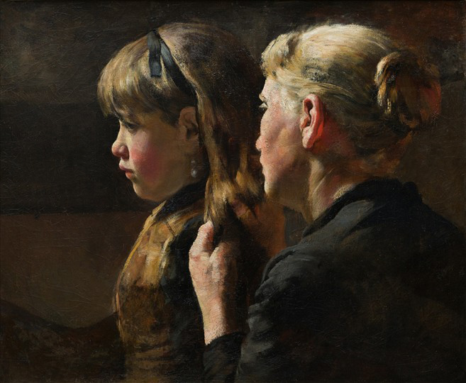 Moeder en kind met als titel 'Suusje aankleden' - Schilderij van Arthur Briët (ca.1900)