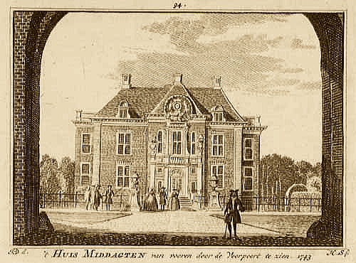 Kasteel Middachten in 1743 door Jan de Beijer en Hendrik Spilman.