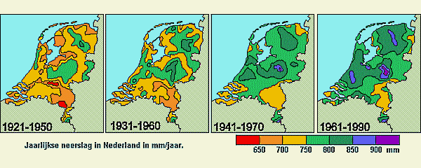 Jaarlijks neerslag in Nederland voor verschillende perioden (Bronnen: a, b, d: De Grote Bosatlas 1964, 1981 en 1995 en c: Buishand en Velds 1980)