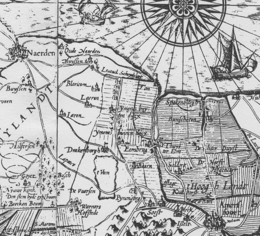 De kaart van Hornhovius uit 1599, waarop verschillende hoofdroutes zijn te herkennen (Collectie Topografische Atlas, Archief Eemlaand)
