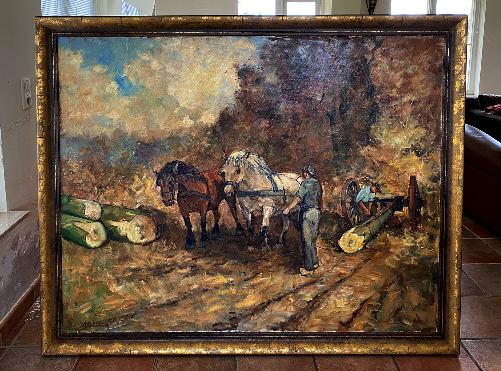‘Bosarbeiders met paarden en een Mallejan’ van Jaap Hiddink Olieverf op doek. Afmeting 148,5x119 cm.