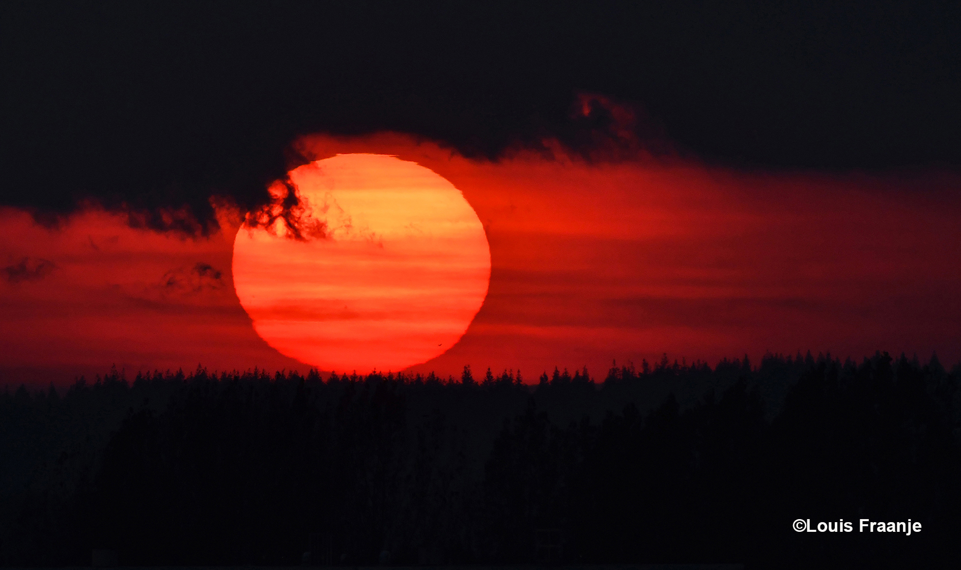 De ondergaande zon verkleurt langzaam maar zeker tot een vuurrode bal - Foto: ©Louis Fraanje