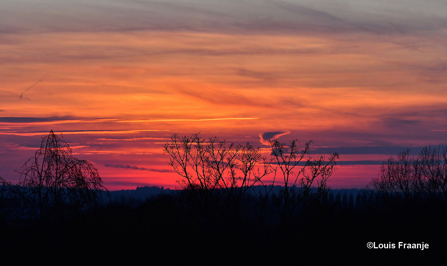 Zo kleurde de hemel boven de Veluwse bossen aan de horizon weer prachtig oranje/rood - Foto: ©Louis Fraanje
