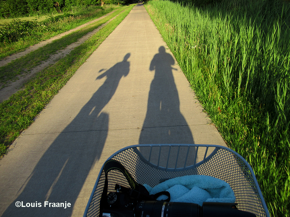 Op het fietspad van de Langekampweg, gaan de schaduwen ons al vooruit naar huis - Foto: ©Louis Fraanje