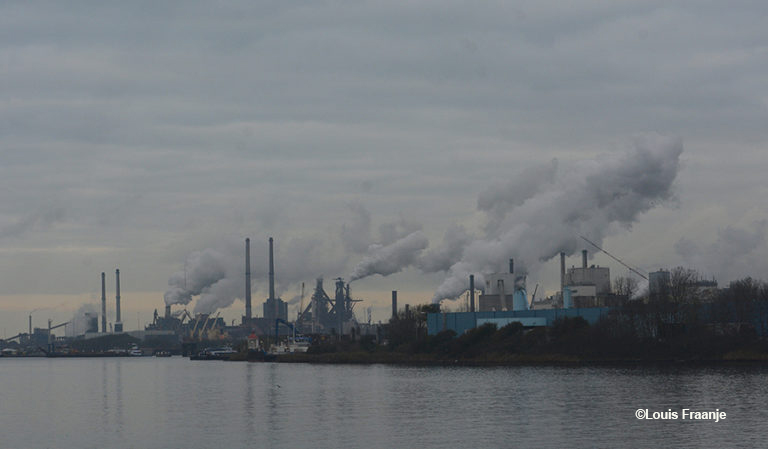 Grote grijze rookpluimen stijgen op bij Tata Steel (Hoogovens) in IJmuiden – Foto: ©Louis Fraanje