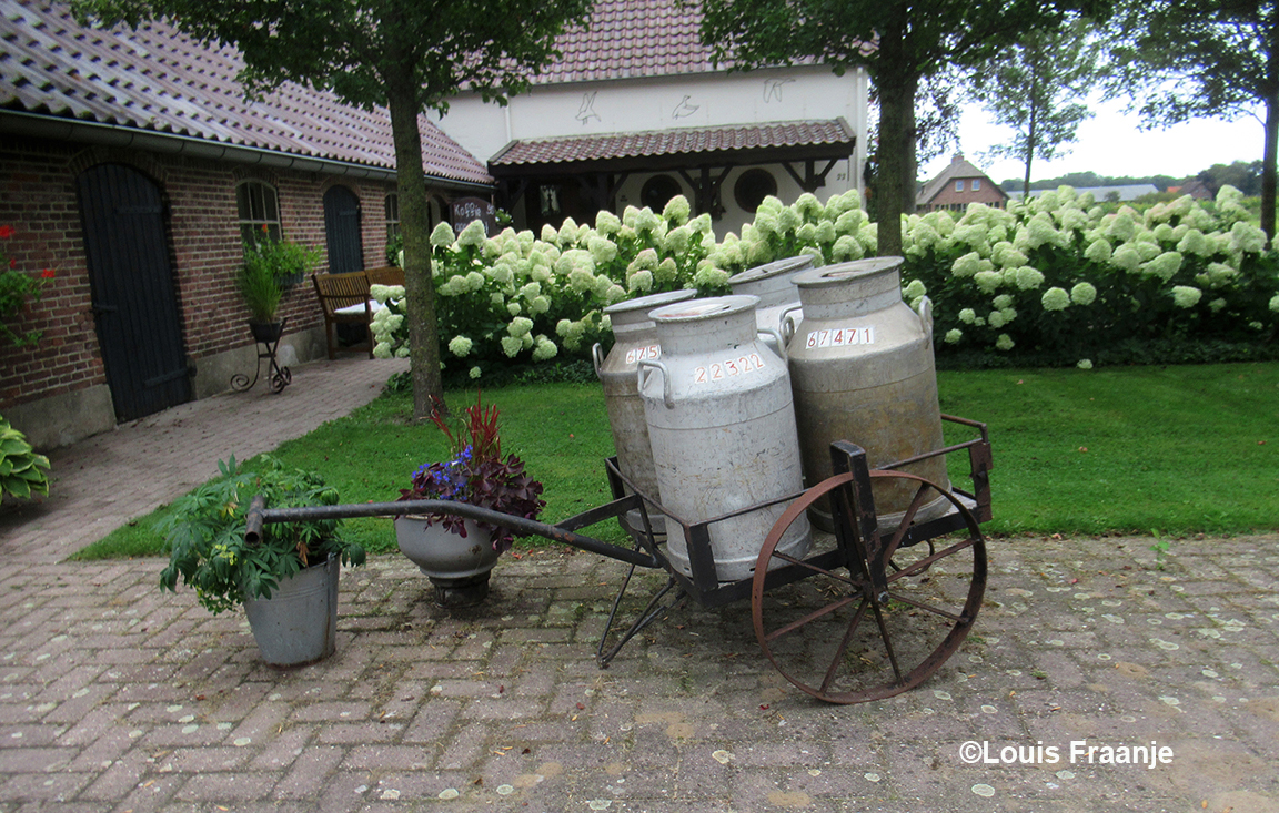 Met rondom op het boerenerf allerlei wertuigen, zoals bijvoorbeeld deze melkbuskar van vroeger - Foto: ©Louis Fraanje