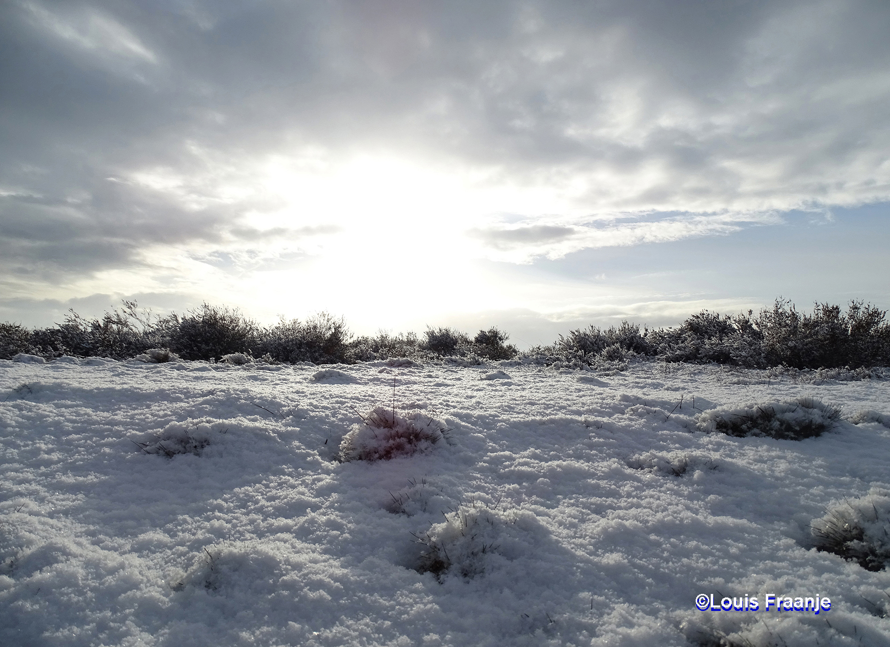 Dan ineens verschijnt de zon vanachter de bewolking en laat een bijzonder licht schijnen over het besneeuwde zand - Foto: ©Louis Fraanje