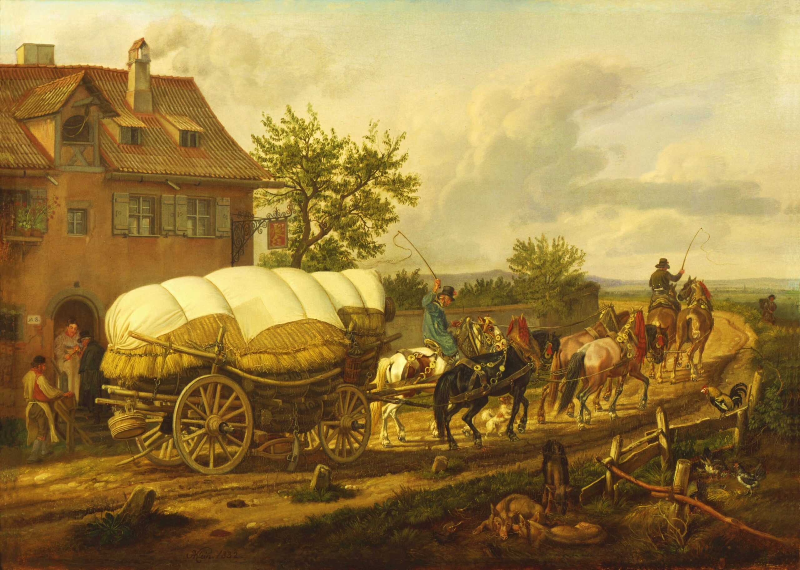 Een hessenwagen met een zesspan paarden ervoor bij een herberg in Buch bij NeurenbergSchilderij van Johann Adam Klein (1792-1875) verzameling Stadsmuseum Neurenberg.