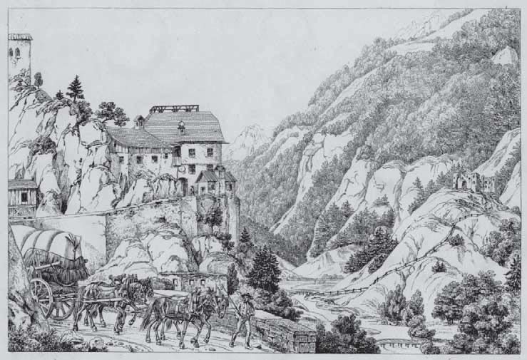 Een voerman met zijn Hessenwagen in de bergen van Duitsland - Tekening: Johann Adam Klein(1792-1875)