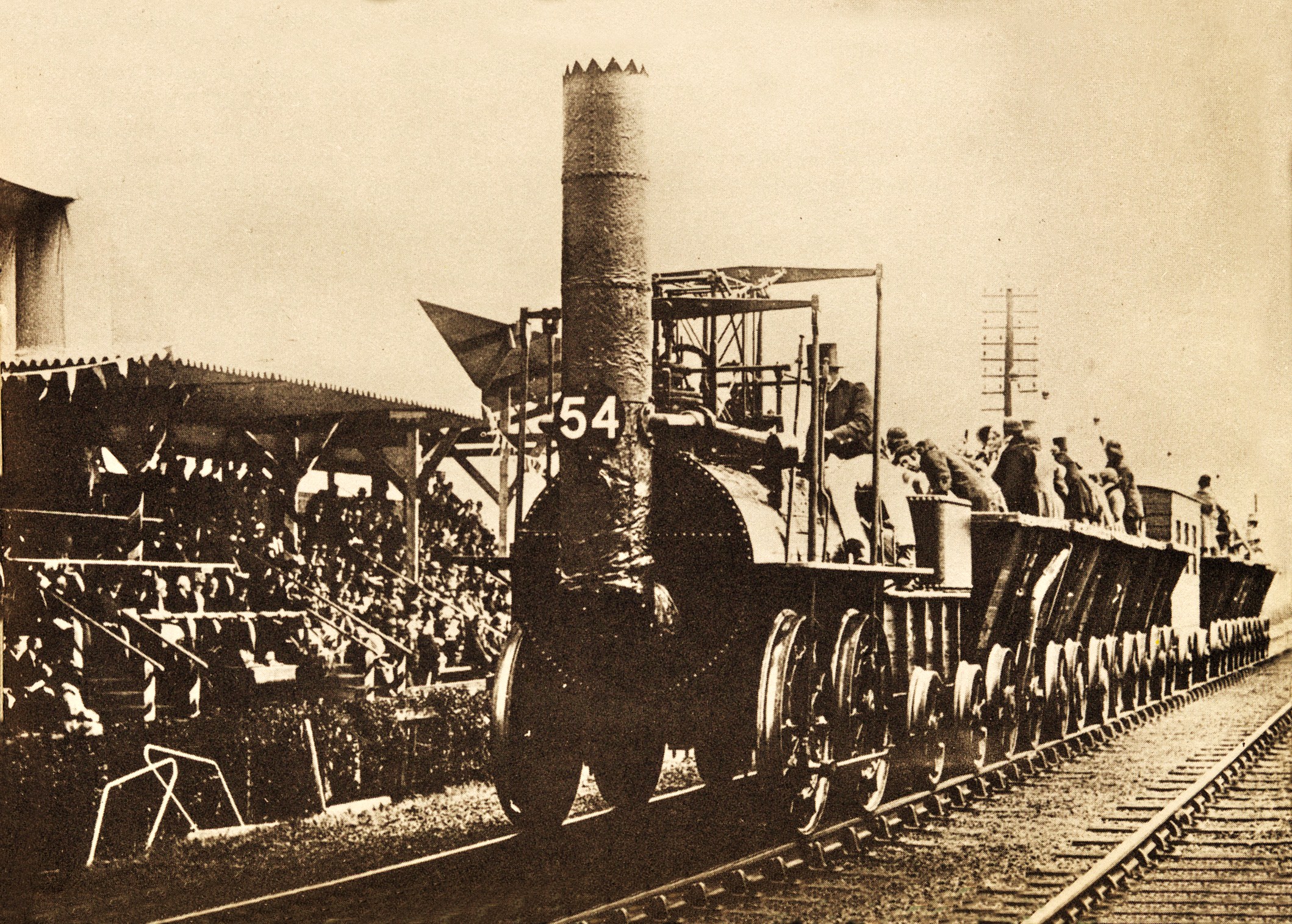 De eerste spoorlijn in Engeland van Liverpool naaar Manchester in 1830 (Wikipedia)