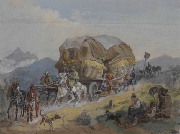 Vierspannige Hessenwagen in de bergen, aan de kant van de weg zien we een boeren-echtpaar dat even uitrust en belangstellend zit te kijken, jaar 1847. Aquarell: Johann Adam Klein(1792-1875)